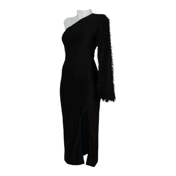 NWT FEMGRAPHY Naledi One Shoulder Feather High Slit Midi Dress Black Medium - Picture 2 of 8